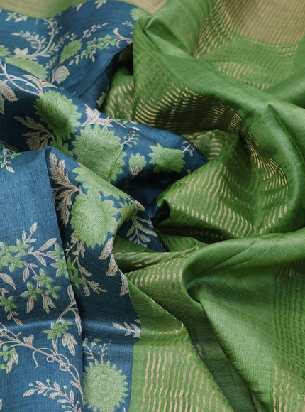 Pure tussar silk saree teal green and light green with allover floral prints and zari woven border