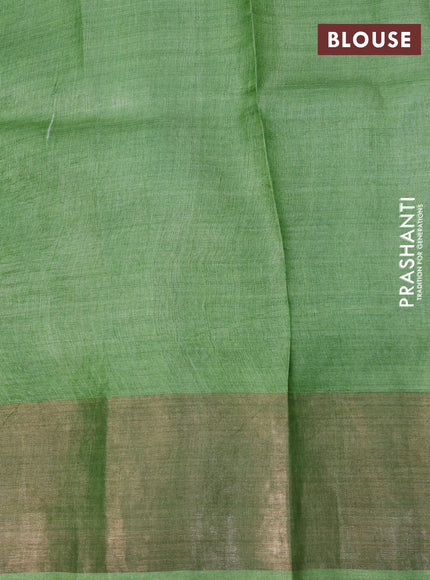 Pure tussar silk saree teal green and light green with allover floral prints and zari woven border