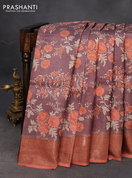 Pure tussar silk saree brown and orange with allover floral prints and zari woven border