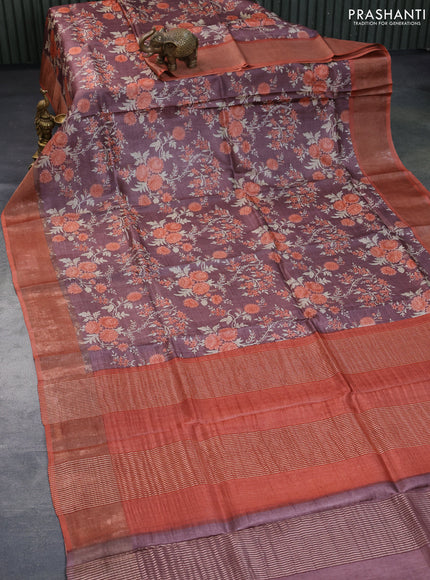 Pure tussar silk saree brown and orange with allover floral prints and zari woven border