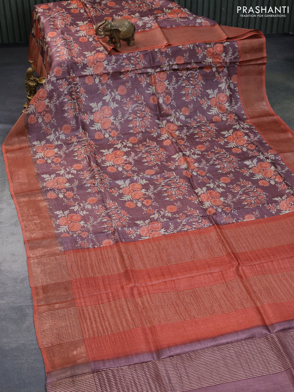 Pure tussar silk saree brown and orange with allover floral prints and zari woven border