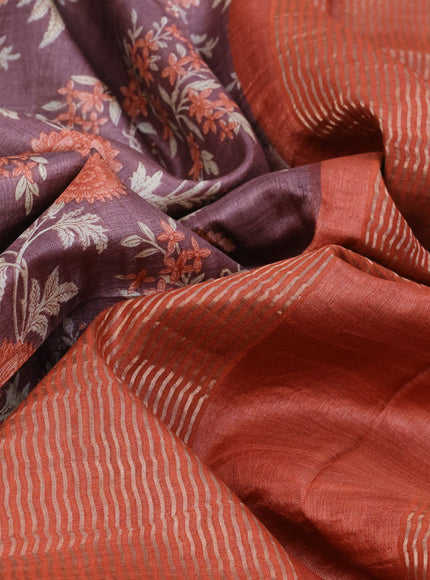 Pure tussar silk saree brown and orange with allover floral prints and zari woven border