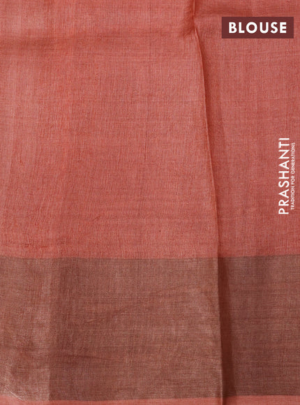 Pure tussar silk saree brown and orange with allover floral prints and zari woven border