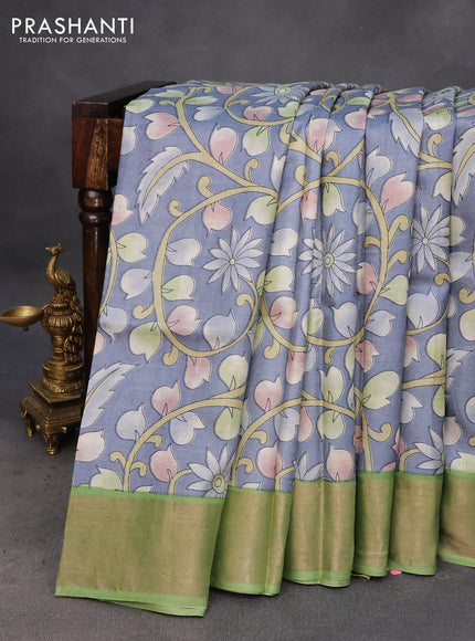 Pure tussar silk saree grey and green with allover kalamkari prints and zari woven border