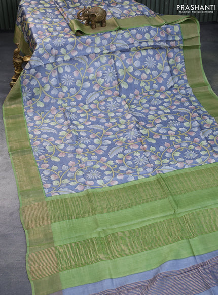 Pure tussar silk saree grey and green with allover kalamkari prints and zari woven border