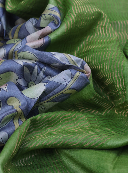 Pure tussar silk saree grey and green with allover kalamkari prints and zari woven border