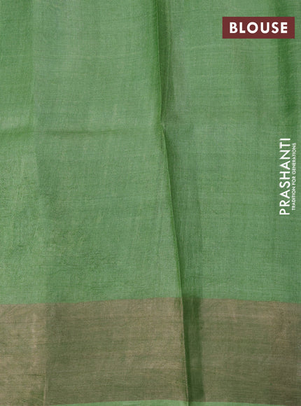 Pure tussar silk saree grey and green with allover kalamkari prints and zari woven border