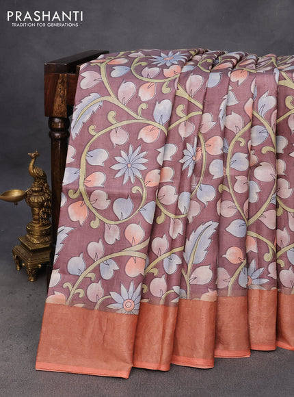 Pure tussar silk saree brown and peach orange with allover kalamkari prints and zari woven border