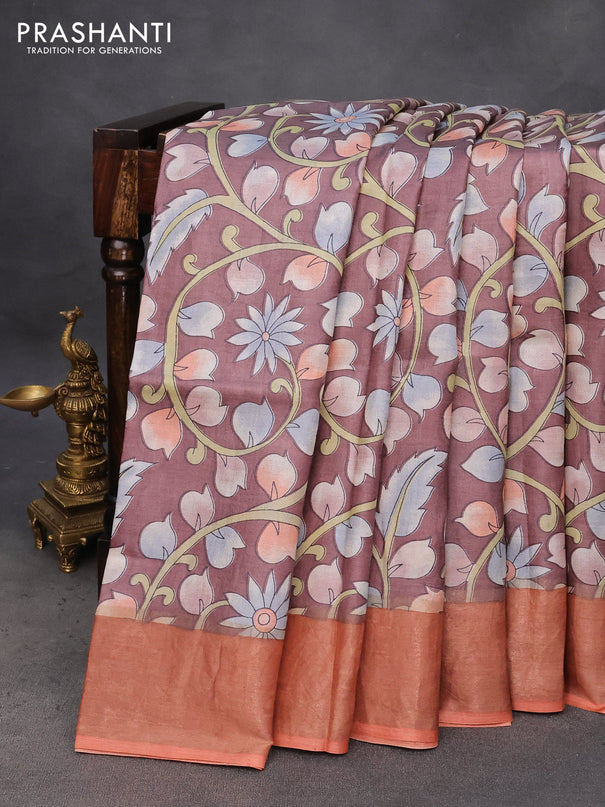 Pure tussar silk saree brown and peach orange with allover kalamkari prints and zari woven border