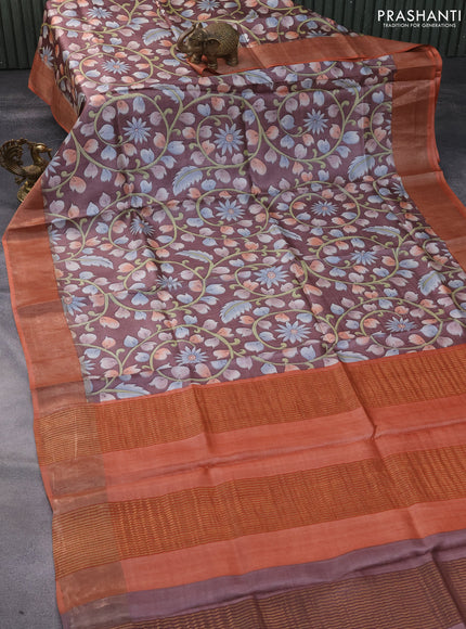 Pure tussar silk saree brown and peach orange with allover kalamkari prints and zari woven border