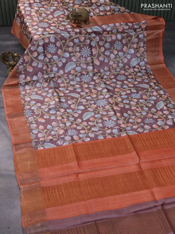 Pure tussar silk saree brown and peach orange with allover kalamkari prints and zari woven border