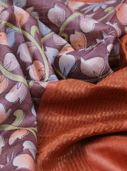 Pure tussar silk saree brown and peach orange with allover kalamkari prints and zari woven border