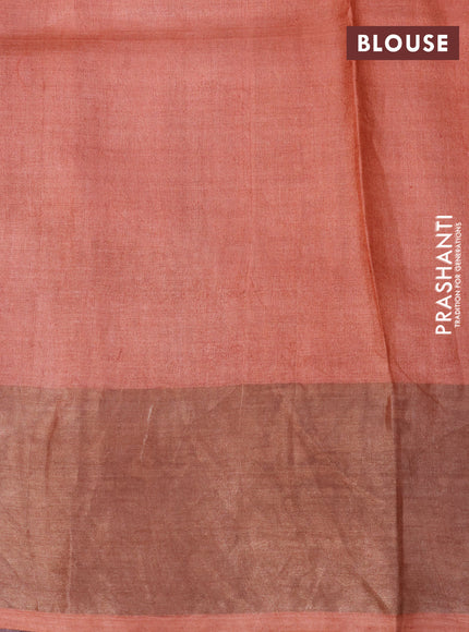 Pure tussar silk saree brown and peach orange with allover kalamkari prints and zari woven border