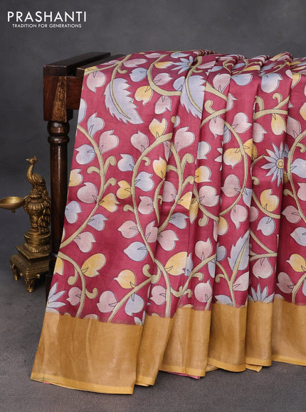 Pure tussar silk saree maroon and mustard yellow with allover kalamkari prints and zari woven border