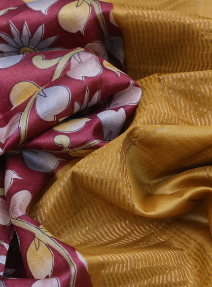 Pure tussar silk saree maroon and mustard yellow with allover kalamkari prints and zari woven border