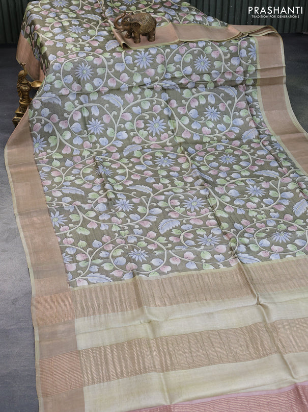 Pure tussar silk saree elaichi green and pista green with allover kalamkari prints and zari woven border