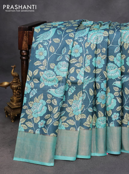 Pure tussar silk saree peacock blue and teal blue with allover floral prints and zari woven border