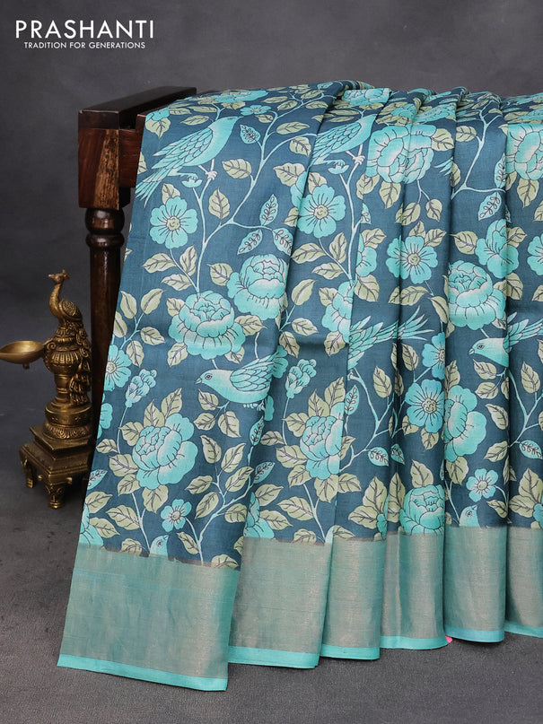 Pure tussar silk saree peacock blue and teal blue with allover floral prints and zari woven border