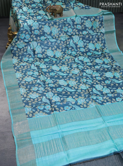 Pure tussar silk saree peacock blue and teal blue with allover floral prints and zari woven border