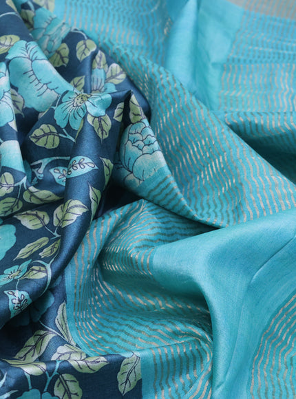 Pure tussar silk saree peacock blue and teal blue with allover floral prints and zari woven border