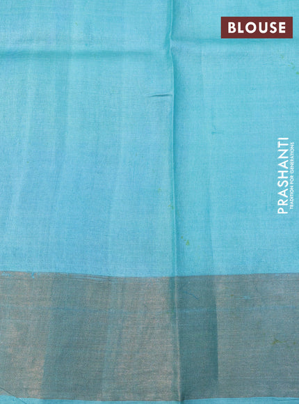 Pure tussar silk saree peacock blue and teal blue with allover floral prints and zari woven border