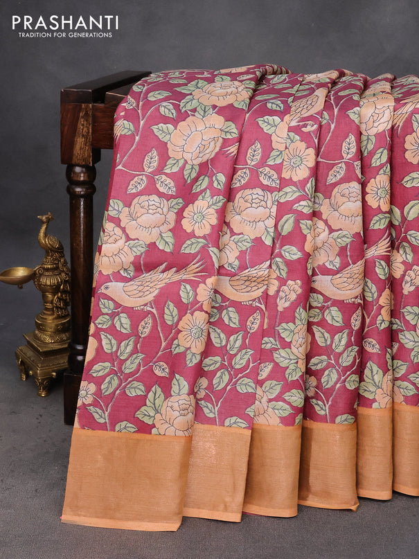 Pure tussar silk saree maroon and pale orange with allover floral prints and zari woven border