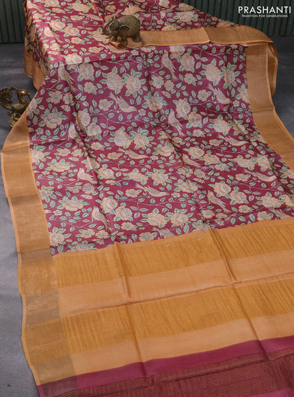 Pure tussar silk saree maroon and pale orange with allover floral prints and zari woven border