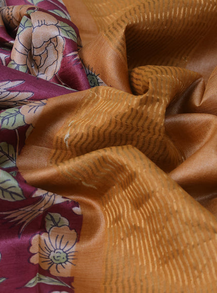 Pure tussar silk saree maroon and pale orange with allover floral prints and zari woven border