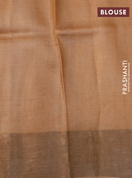 Pure tussar silk saree maroon and pale orange with allover floral prints and zari woven border