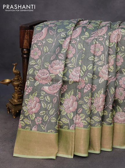 Pure tussar silk saree green shade and pista green with allover floral prints and zari woven border