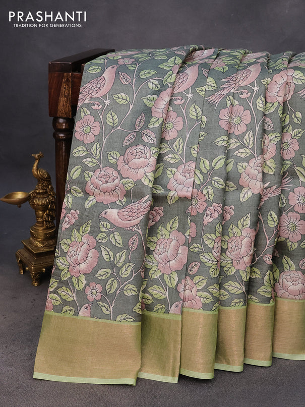 Pure tussar silk saree green shade and pista green with allover floral prints and zari woven border