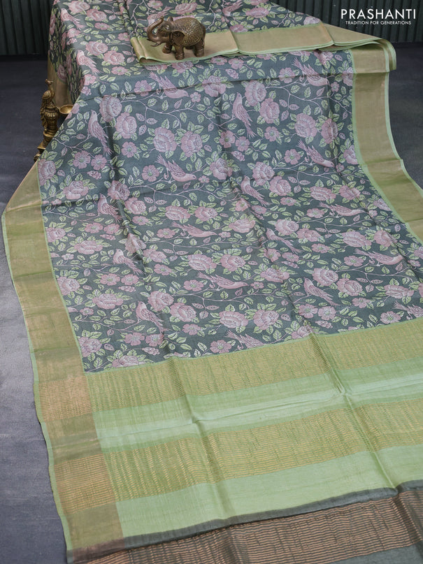 Pure tussar silk saree green shade and pista green with allover floral prints and zari woven border