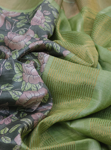 Pure tussar silk saree green shade and pista green with allover floral prints and zari woven border