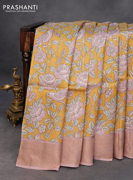 Pure tussar silk saree elaichi green and pista green with allover kalamkari prints and zari woven border