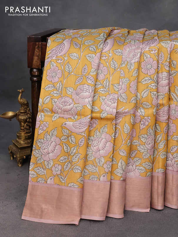 Pure tussar silk saree mustard yellow and pastel pink with allover floral prints and zari woven border