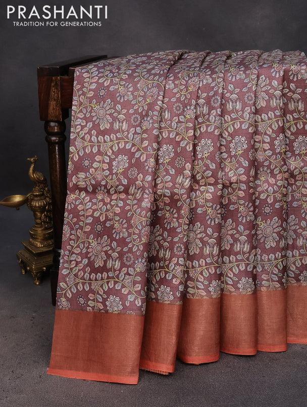 Pure tussar silk saree brown and peach orange with allover kalamkari prints and zari woven border