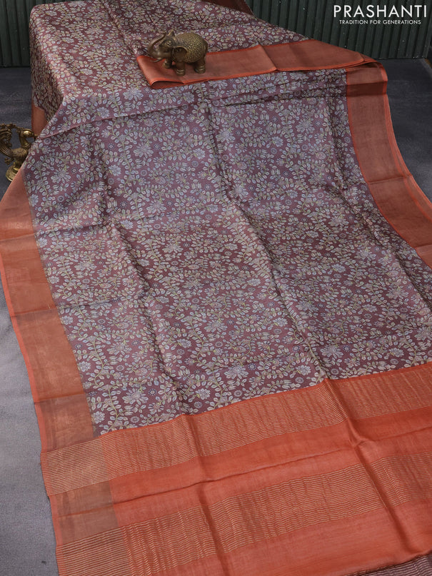 Pure tussar silk saree brown and peach orange with allover kalamkari prints and zari woven border