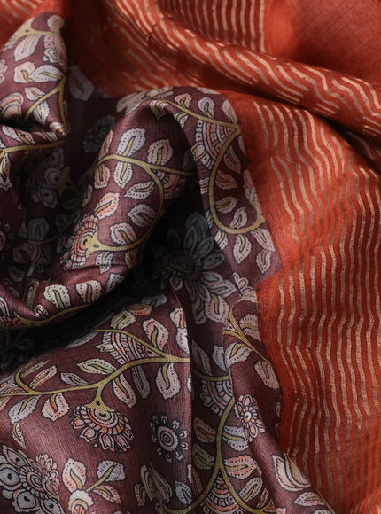 Pure tussar silk saree brown and peach orange with allover kalamkari prints and zari woven border