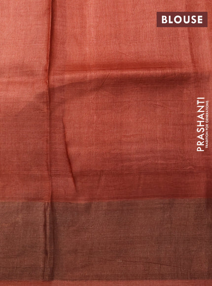 Pure tussar silk saree brown and peach orange with allover kalamkari prints and zari woven border