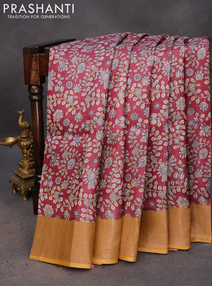 Pure tussar silk saree maroon and pale orange with allover floral prints and zari woven border