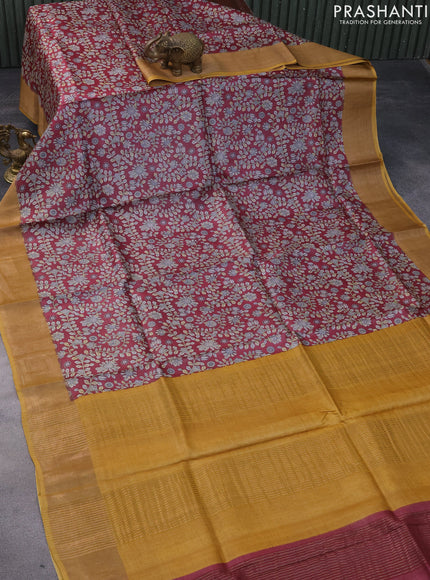 Pure tussar silk saree maroon and pale orange with allover floral prints and zari woven border