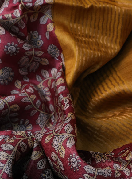 Pure tussar silk saree maroon and pale orange with allover floral prints and zari woven border