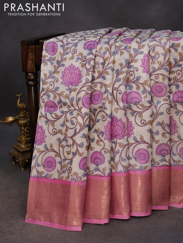 Pure tussar silk saree off white and pink with allover kalamkari prints and zari woven border