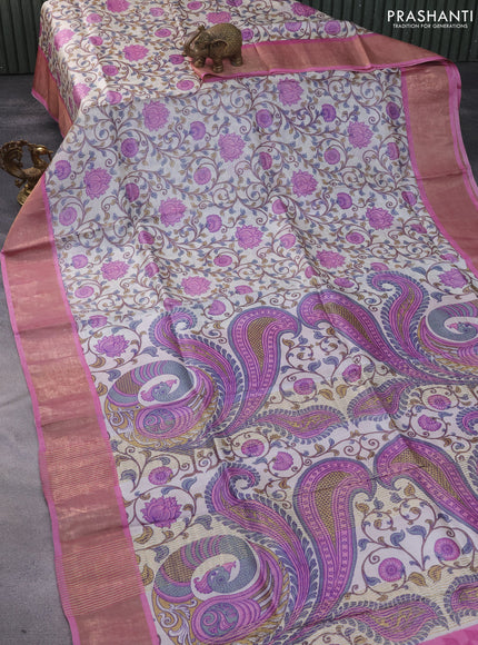 Pure tussar silk saree off white and pink with allover kalamkari prints and zari woven border