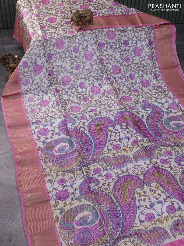 Pure tussar silk saree off white and pink with allover kalamkari prints and zari woven border