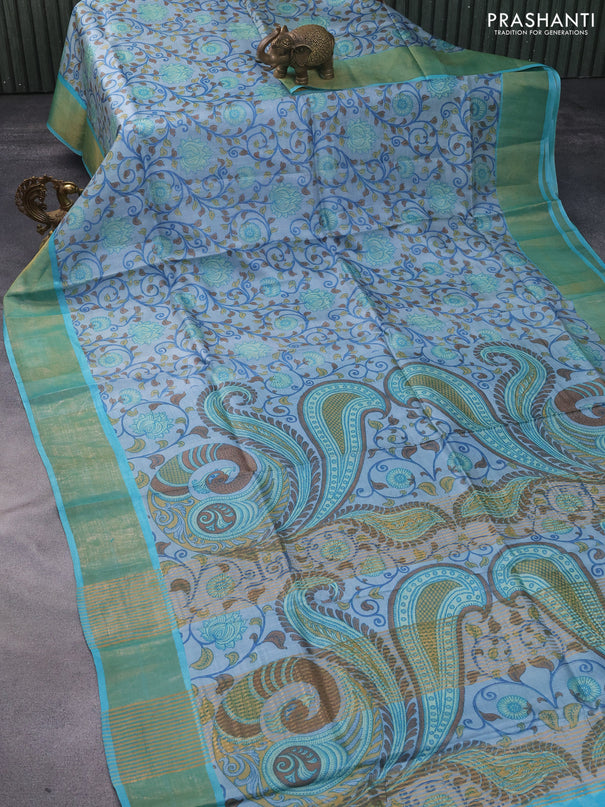 Pure tussar silk saree grey shade and teal blue with allover kalamkari prints and zari woven border