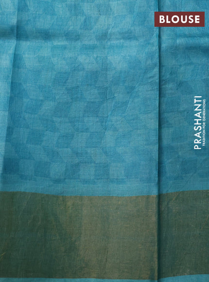 Pure tussar silk saree grey shade and teal blue with allover kalamkari prints and zari woven border