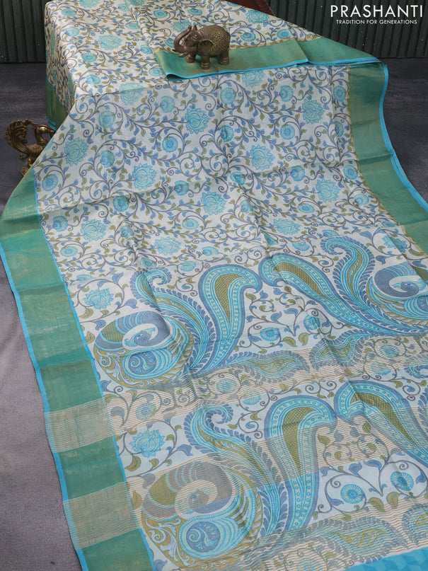 Pure tussar silk saree off white and light blue with allover kalamkari prints and zari woven border