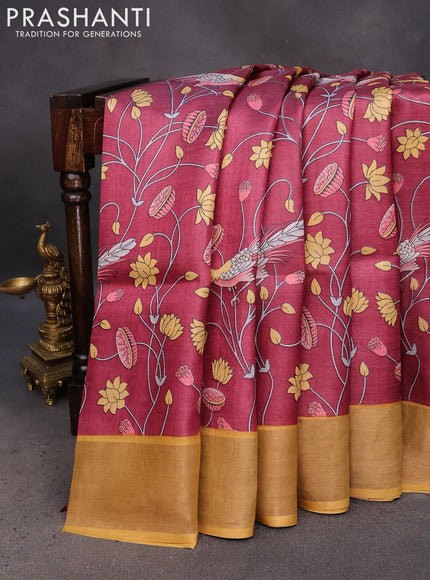 Pure tussar silk saree maroon and mustard yellow with allover kalamkari prints and zari woven border