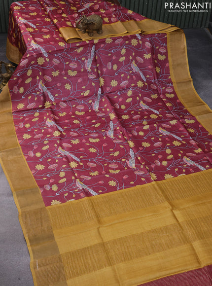 Pure tussar silk saree maroon and mustard yellow with allover kalamkari prints and zari woven border